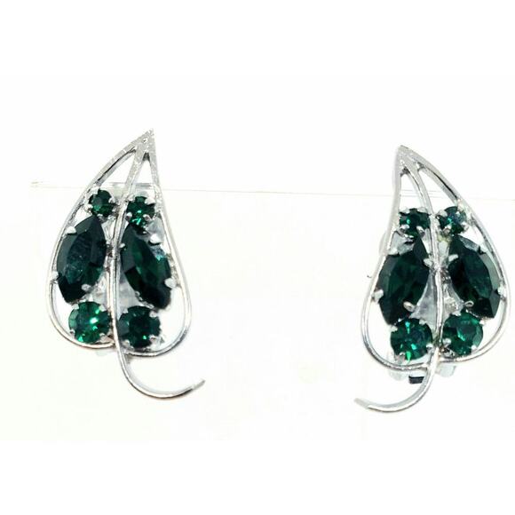Vintage Earrings Leaf With Emerald Green Rhinestones Clip On Silver Toned - Picture 3 of 10